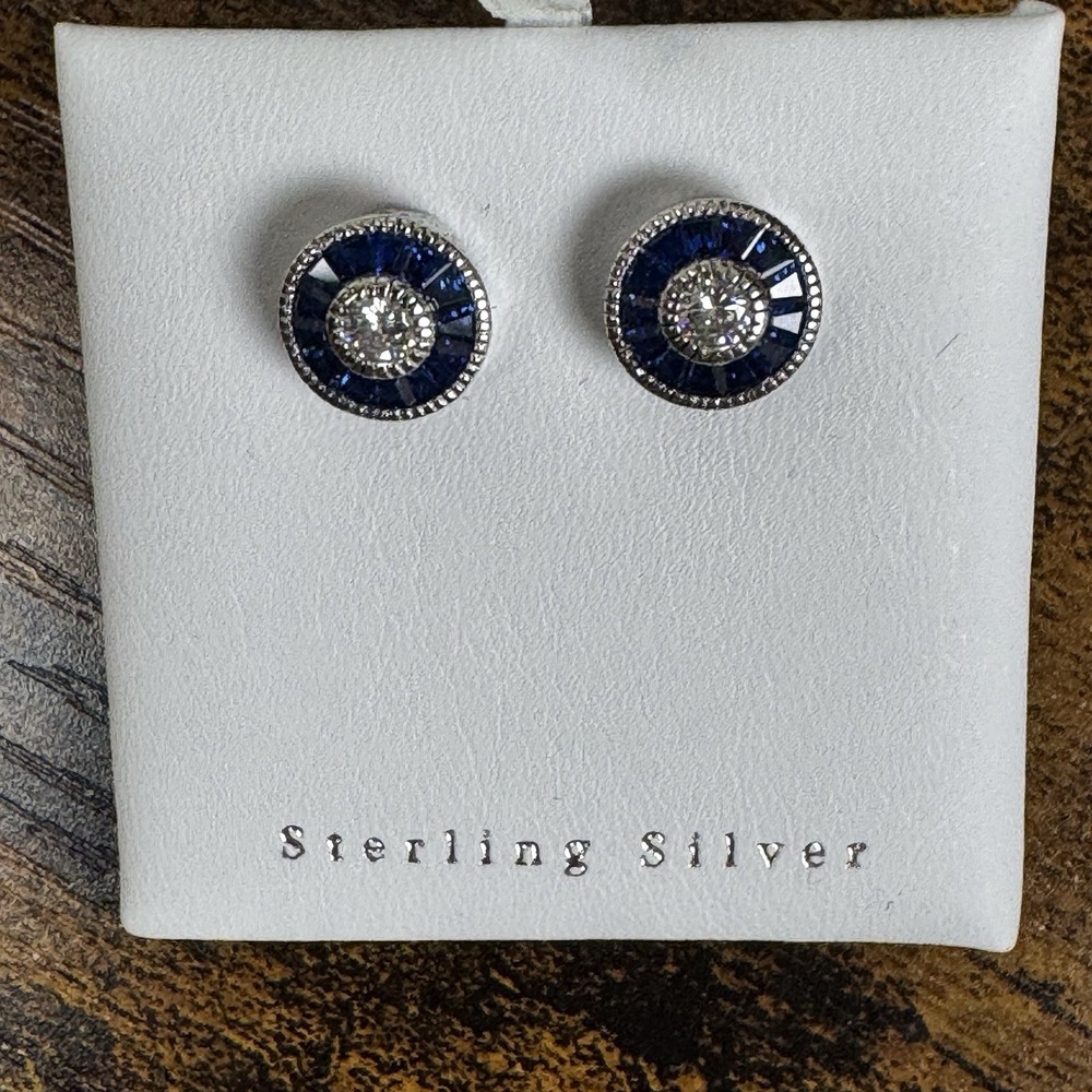 Contessa Di Capri Sterling Silver Round Blue Earrings‎ In Box